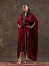 Maroon modal satin flared kaftan suit with festive embellishments