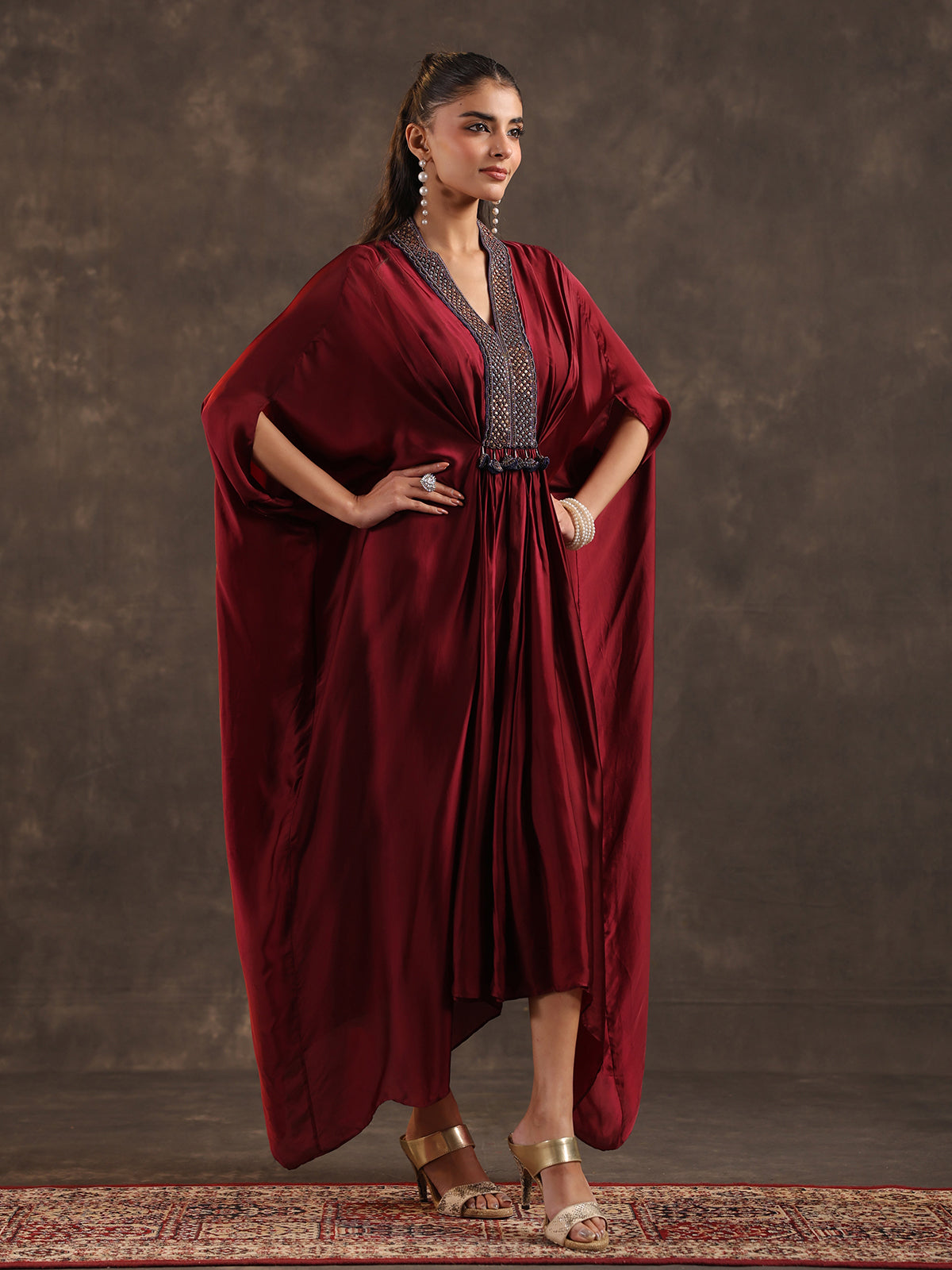 Maroon modal satin flared kaftan suit with festive embellishments