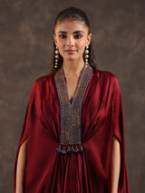 Maroon modal satin flared kaftan suit with festive embellishments