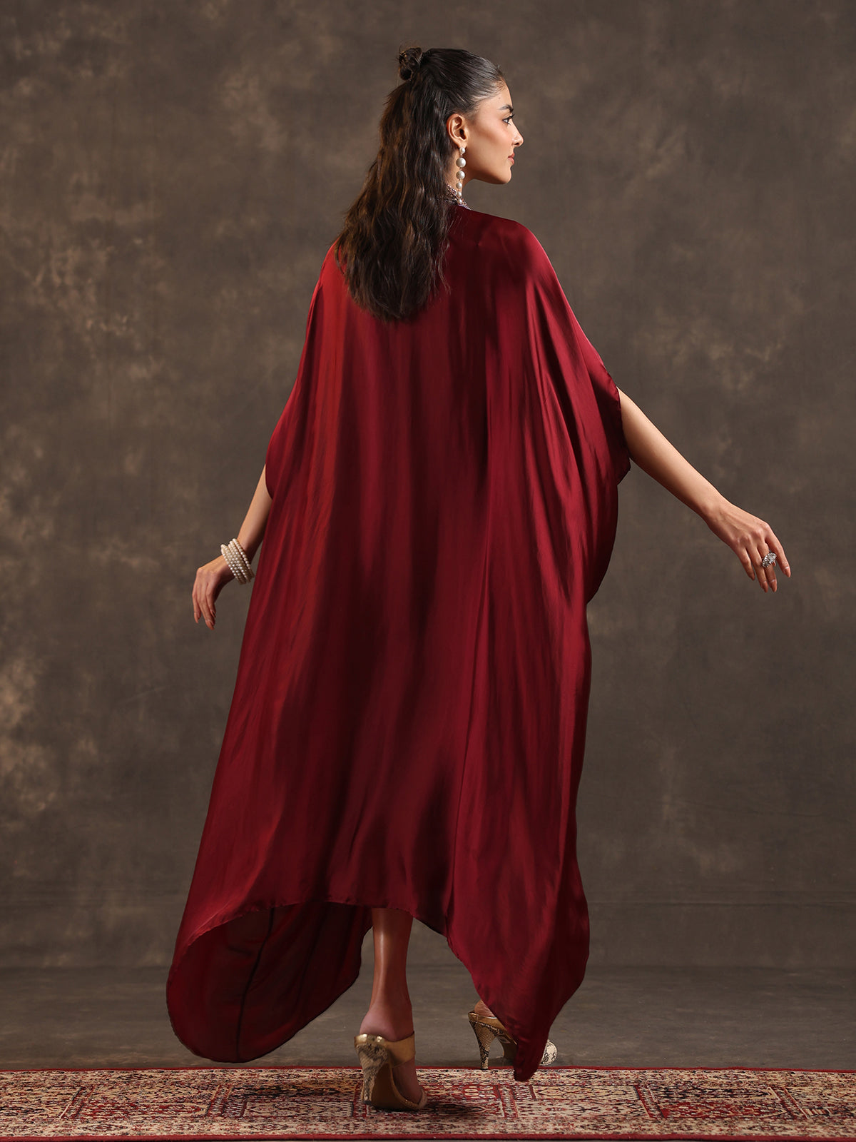 Maroon modal satin flared kaftan suit with festive embellishments