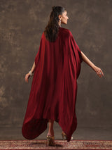 Maroon modal satin flared kaftan suit with festive embellishments