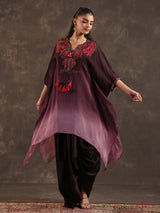 Wine ombre organza embellished kaftan suit with festive elegance