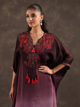 Wine ombre organza embellished kaftan suit with festive elegance
