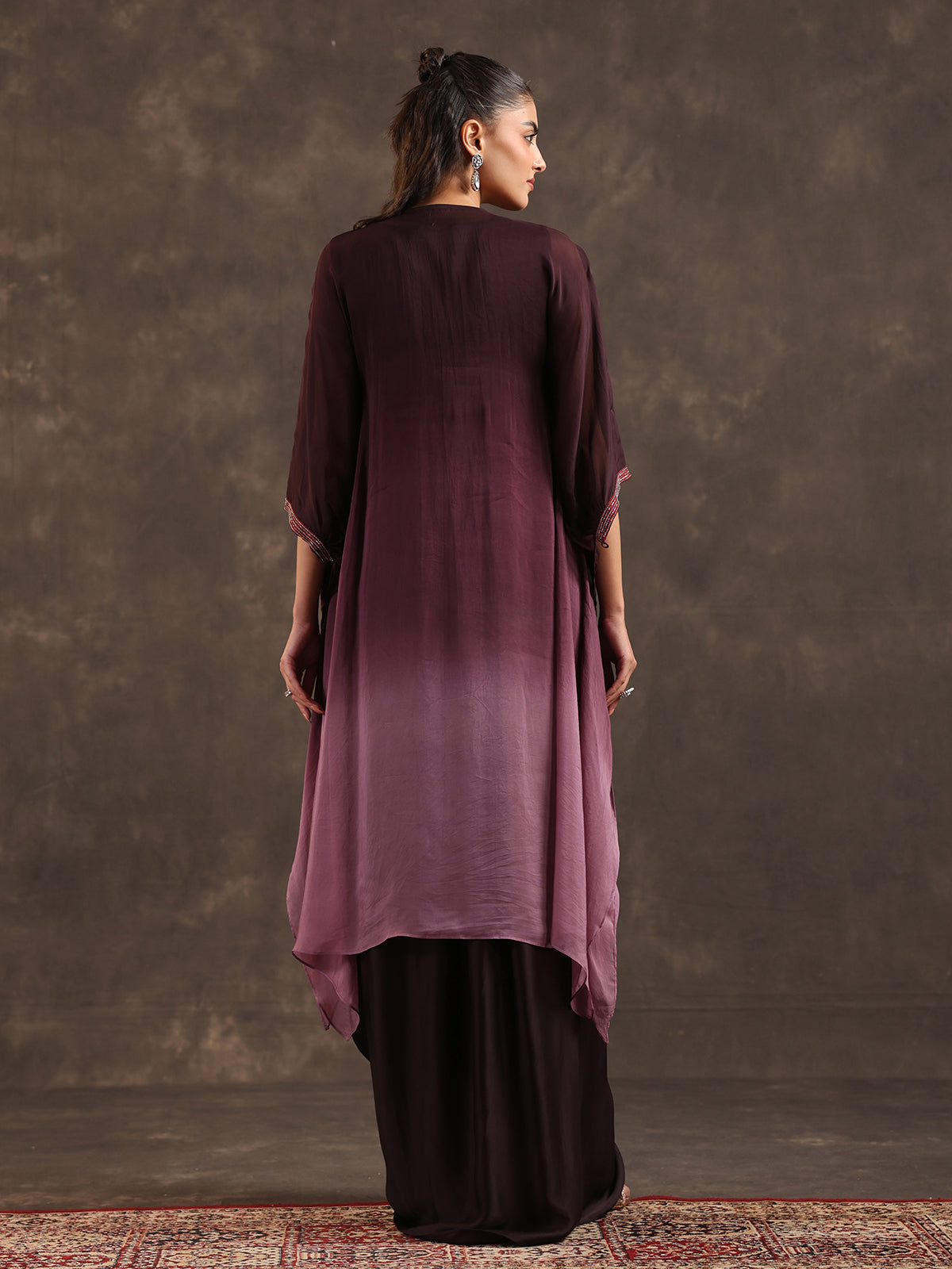 Wine ombre organza embellished kaftan suit with festive elegance