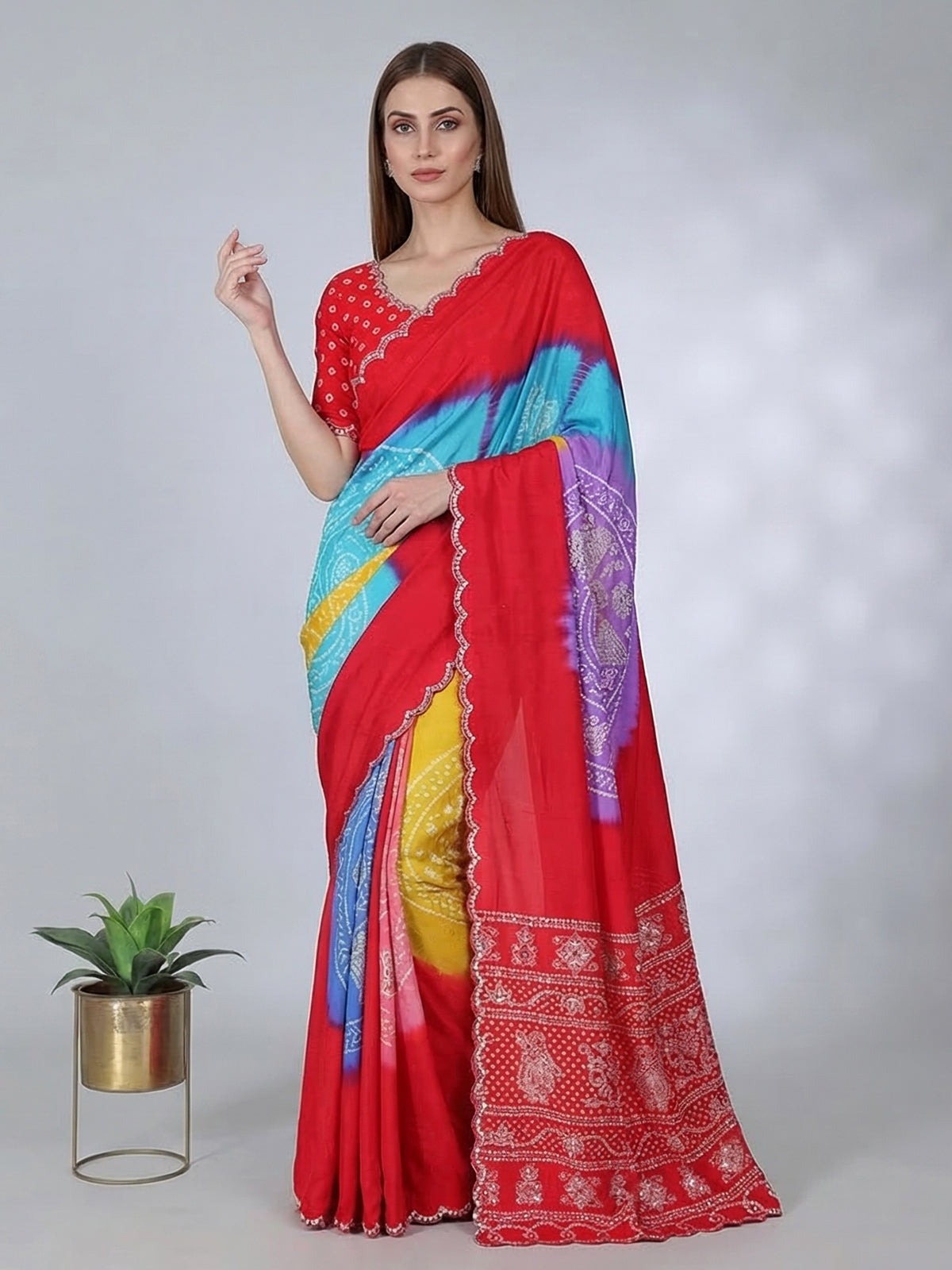 Red bandhej printed muslin silk festive saree