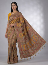 Mustard yellow pashmina silk motif work haldi saree