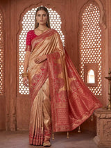 Gold pink tissue silk printed heavy work saree