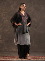 Black organza embellished kaftan suit with elegant V neckline