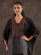 Black organza embellished kaftan suit with elegant V neckline