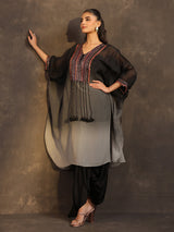 Black organza embellished kaftan suit with elegant V neckline