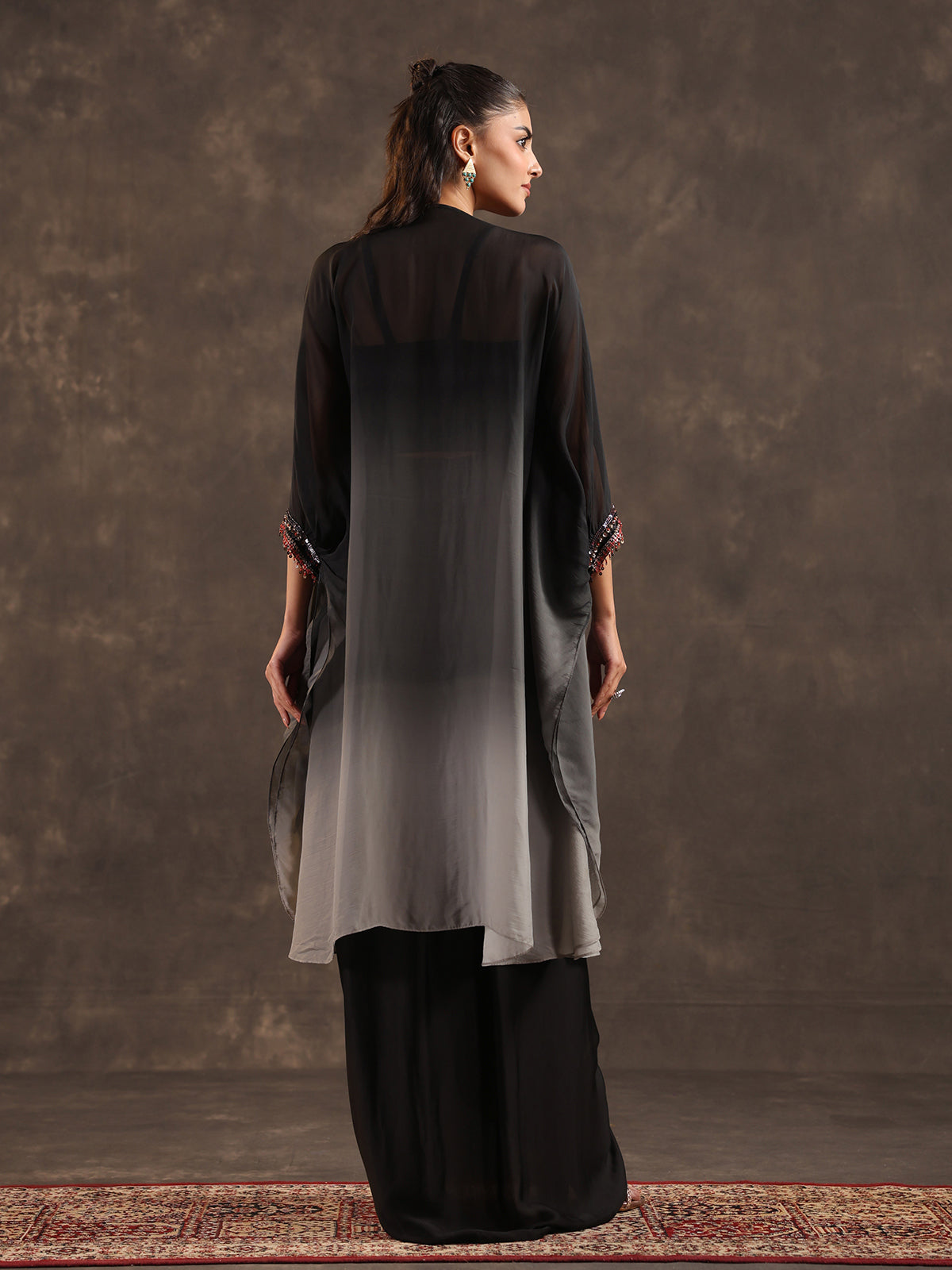 Black organza embellished kaftan suit with elegant V neckline