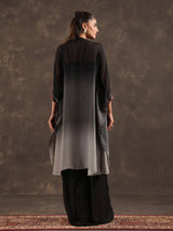 Black organza embellished kaftan suit with elegant V neckline