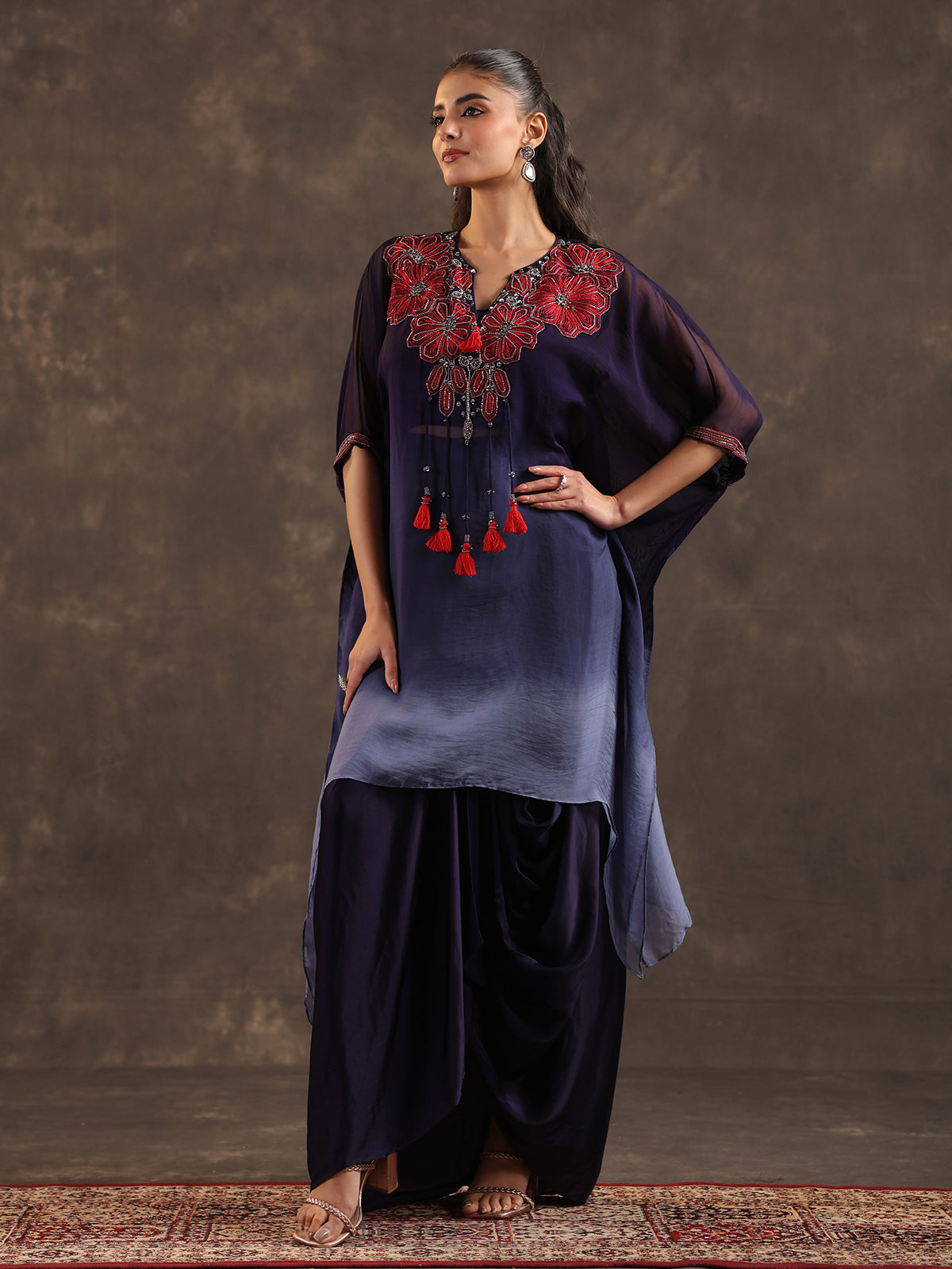 Dark blue ombre organza kaftan suit with festive embellishments