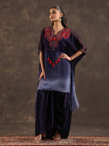 Dark blue ombre organza kaftan suit with festive embellishments