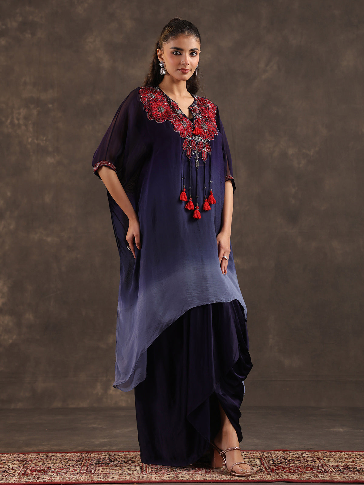 Dark blue ombre organza kaftan suit with festive embellishments