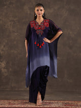 Dark blue ombre organza kaftan suit with festive embellishments