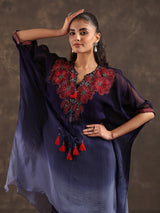 Dark blue ombre organza kaftan suit with festive embellishments