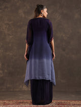 Dark blue ombre organza kaftan suit with festive embellishments