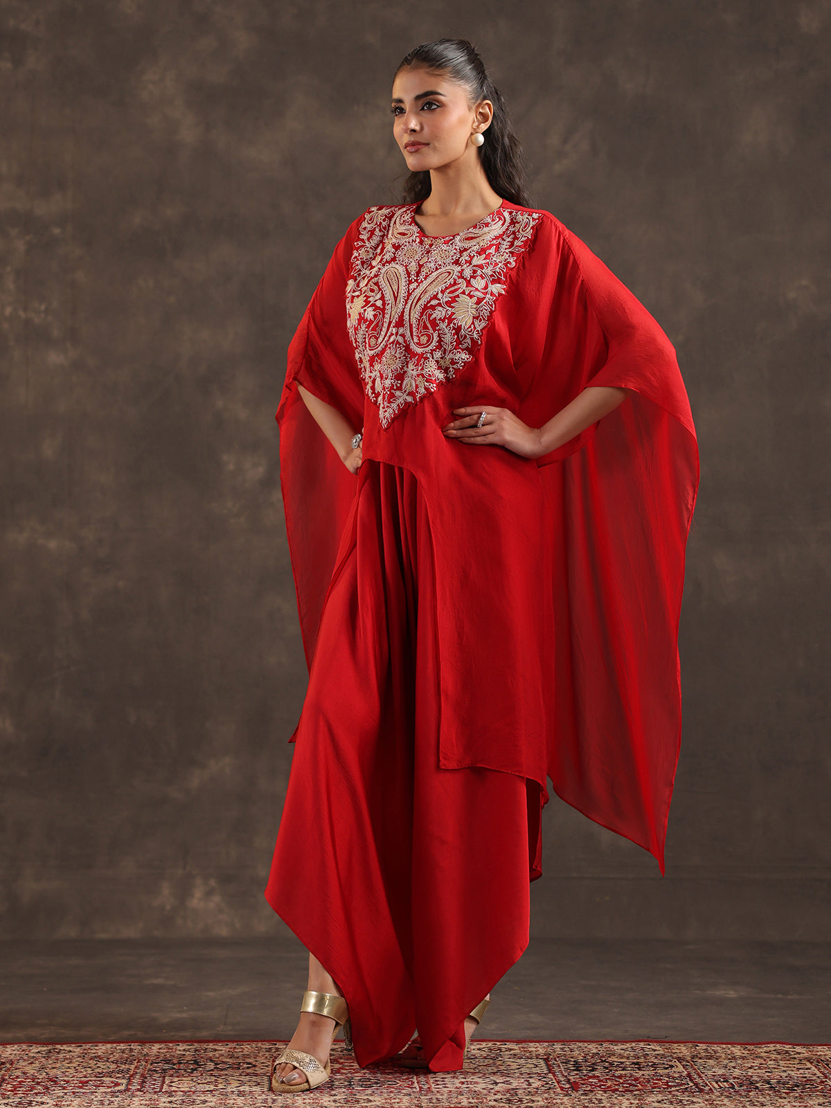 Designer red organza kaftan dhoti suit with elegant thread work