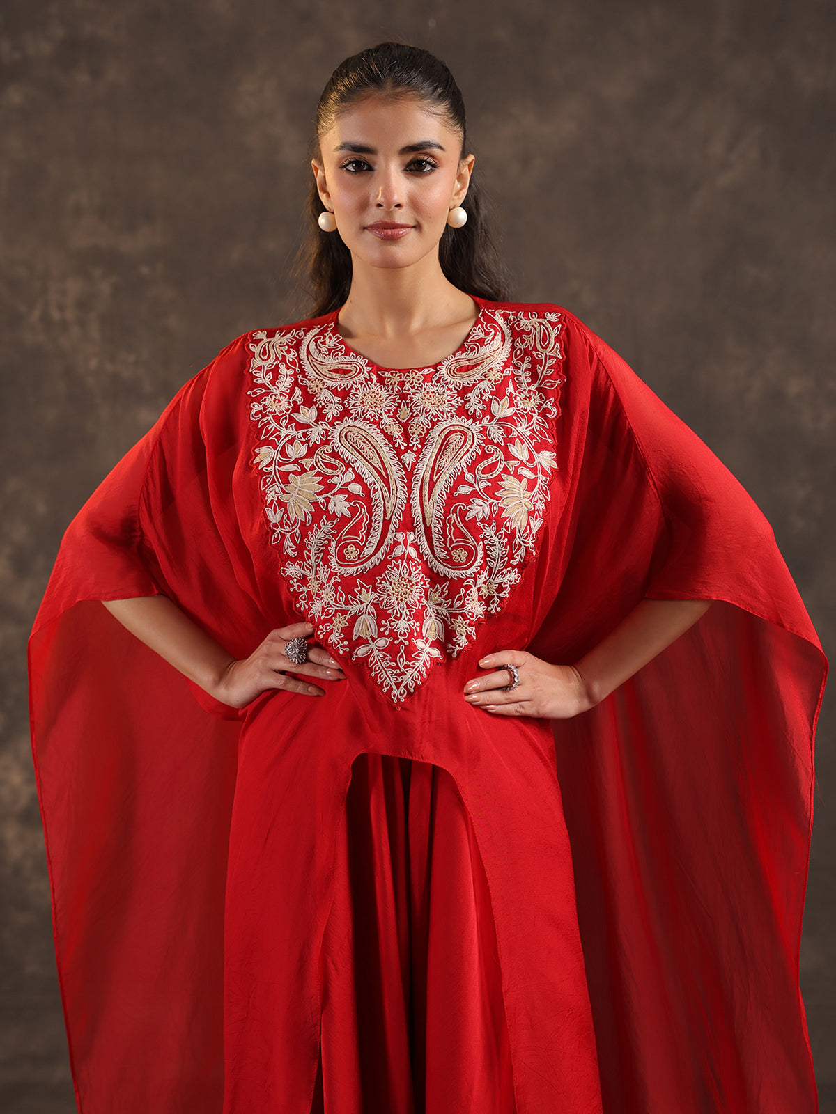 Designer red organza kaftan dhoti suit with elegant thread work