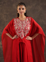 Designer red organza kaftan dhoti suit with elegant thread work