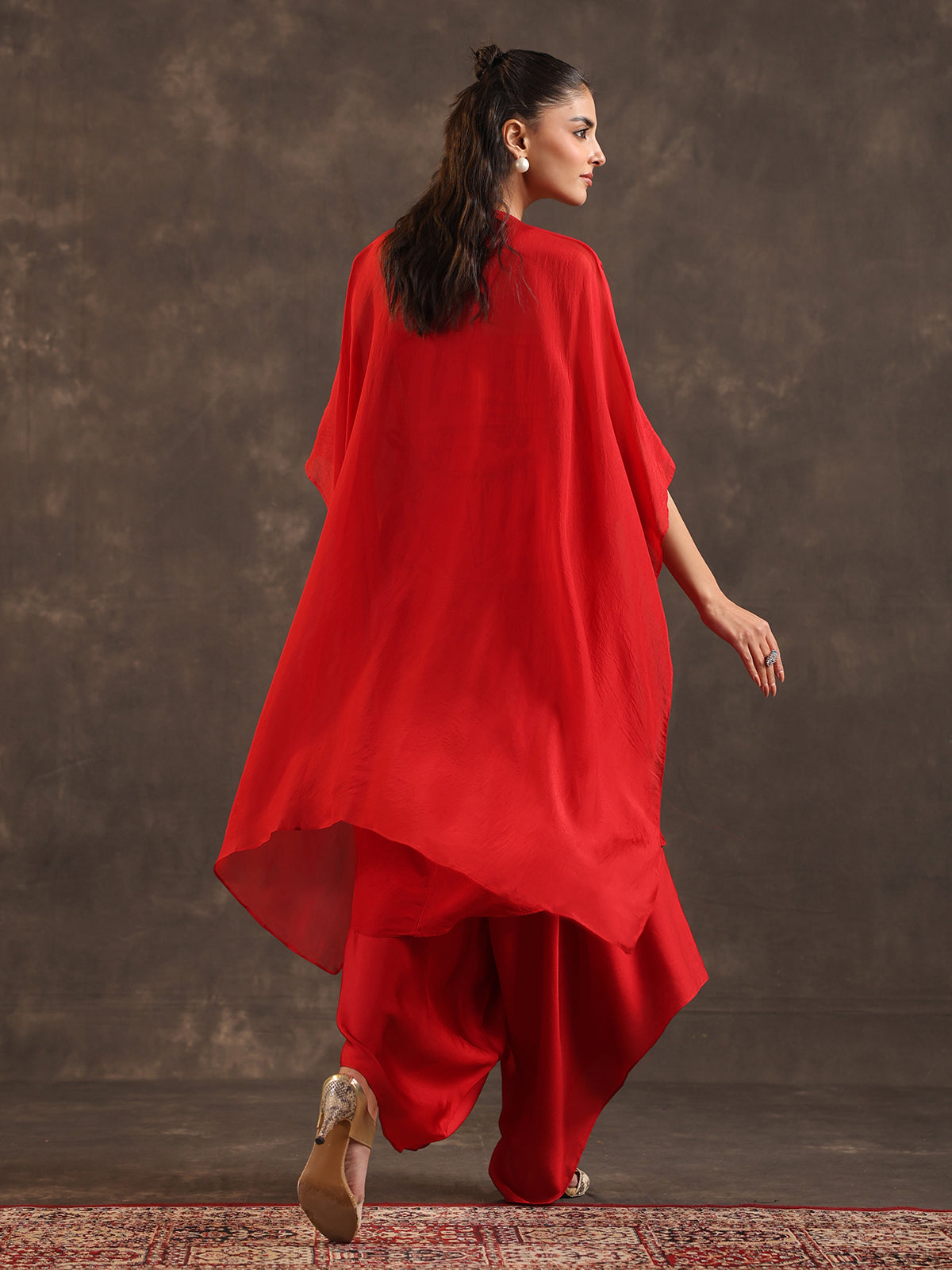 Designer red organza kaftan dhoti suit with elegant thread work