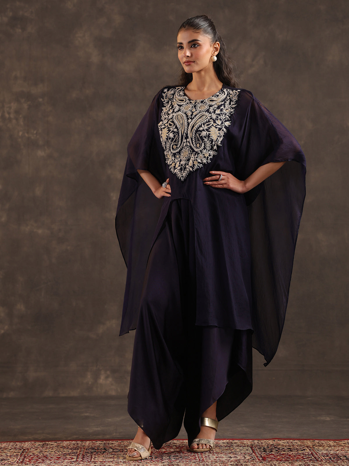 Navy blue designer organza kaftan dhoti suit with elegance