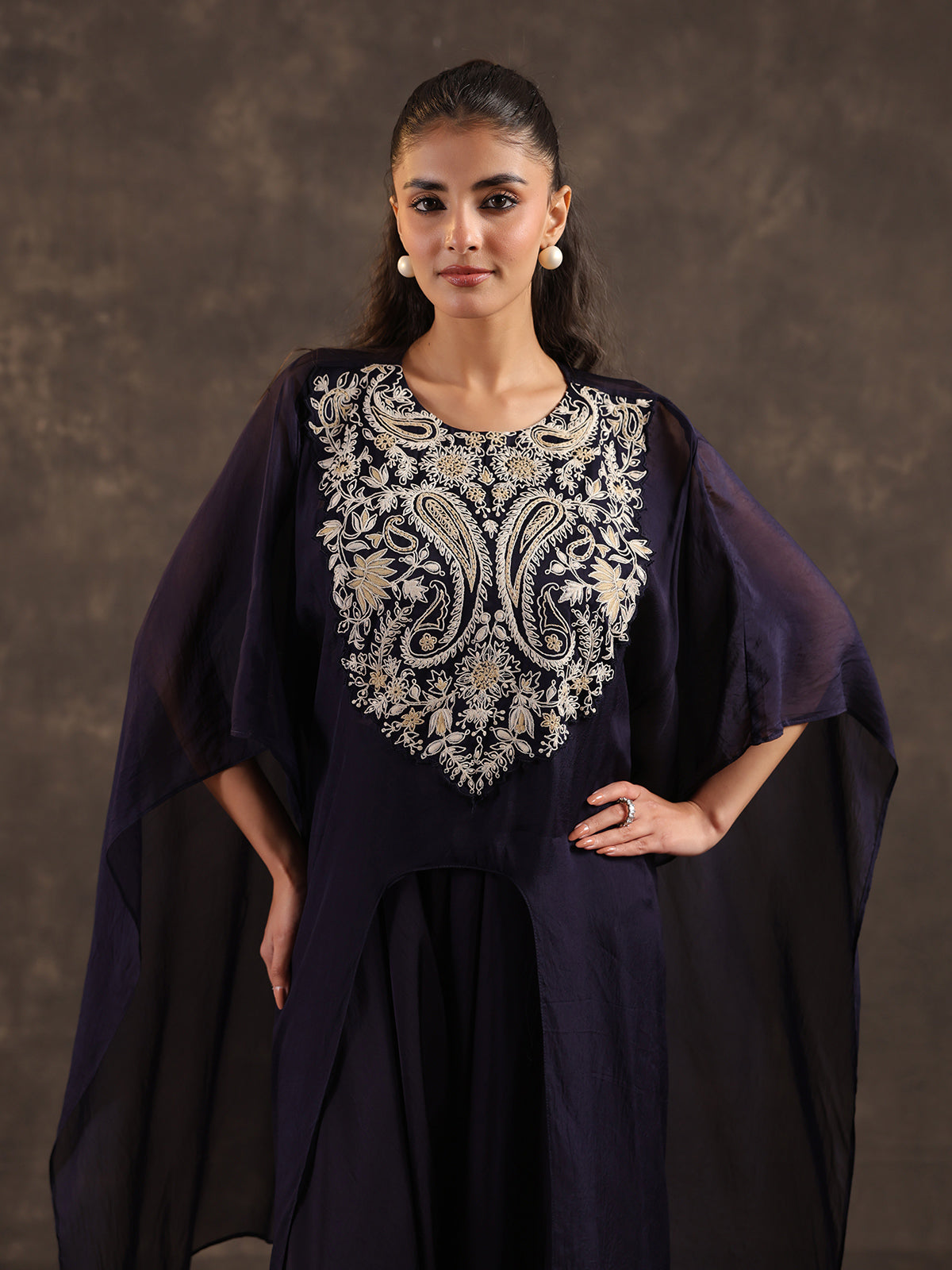 Navy blue designer organza kaftan dhoti suit with elegance