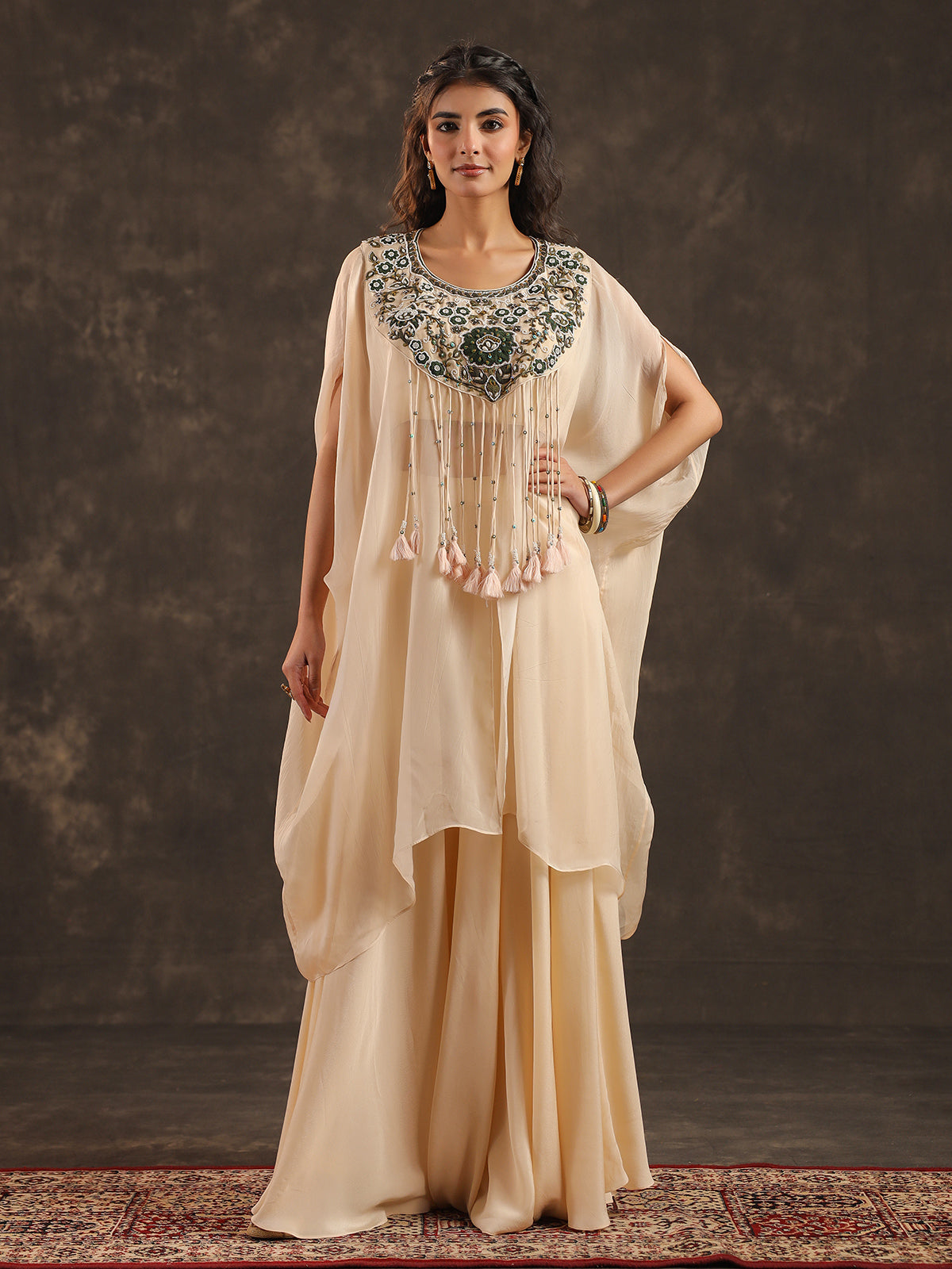 Off white organza kaftan palazzo suit with zardosi embellishments