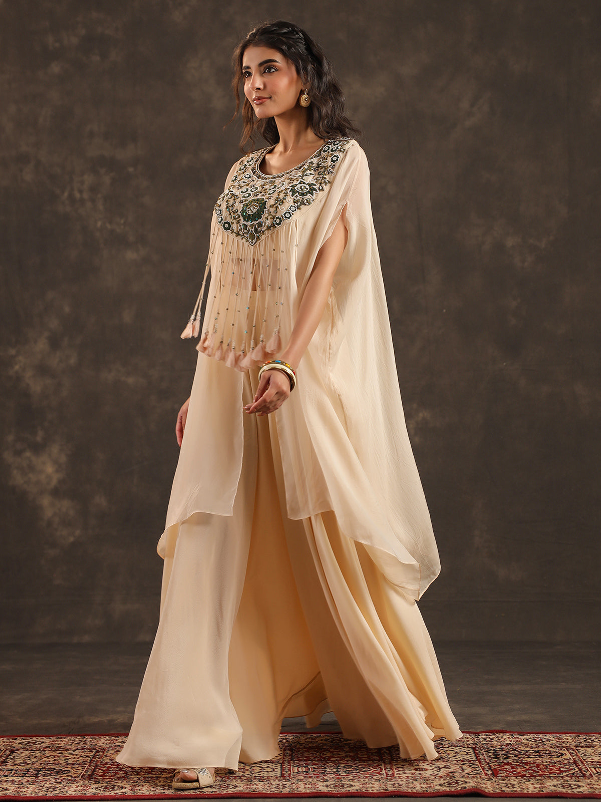 Off white organza kaftan palazzo suit with zardosi embellishments
