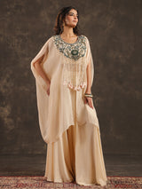 Off white organza kaftan palazzo suit with zardosi embellishments