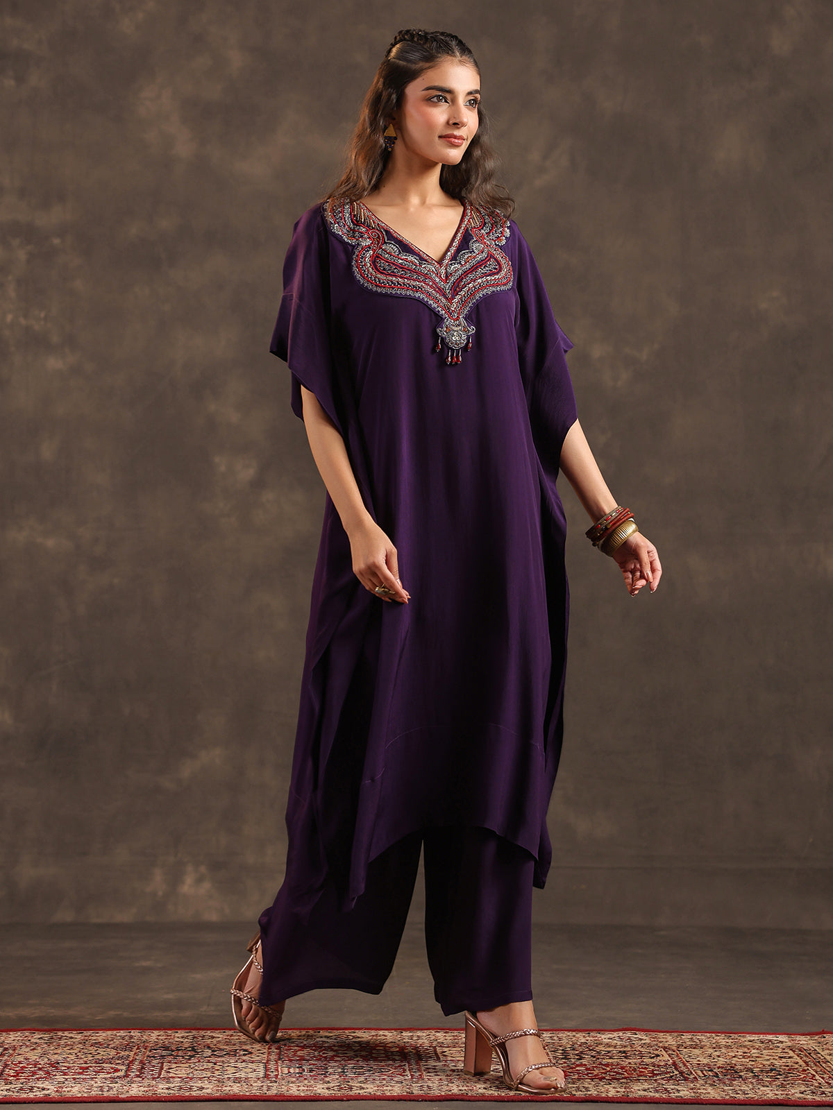 Violet viscose crepe long top palazzo festive suit