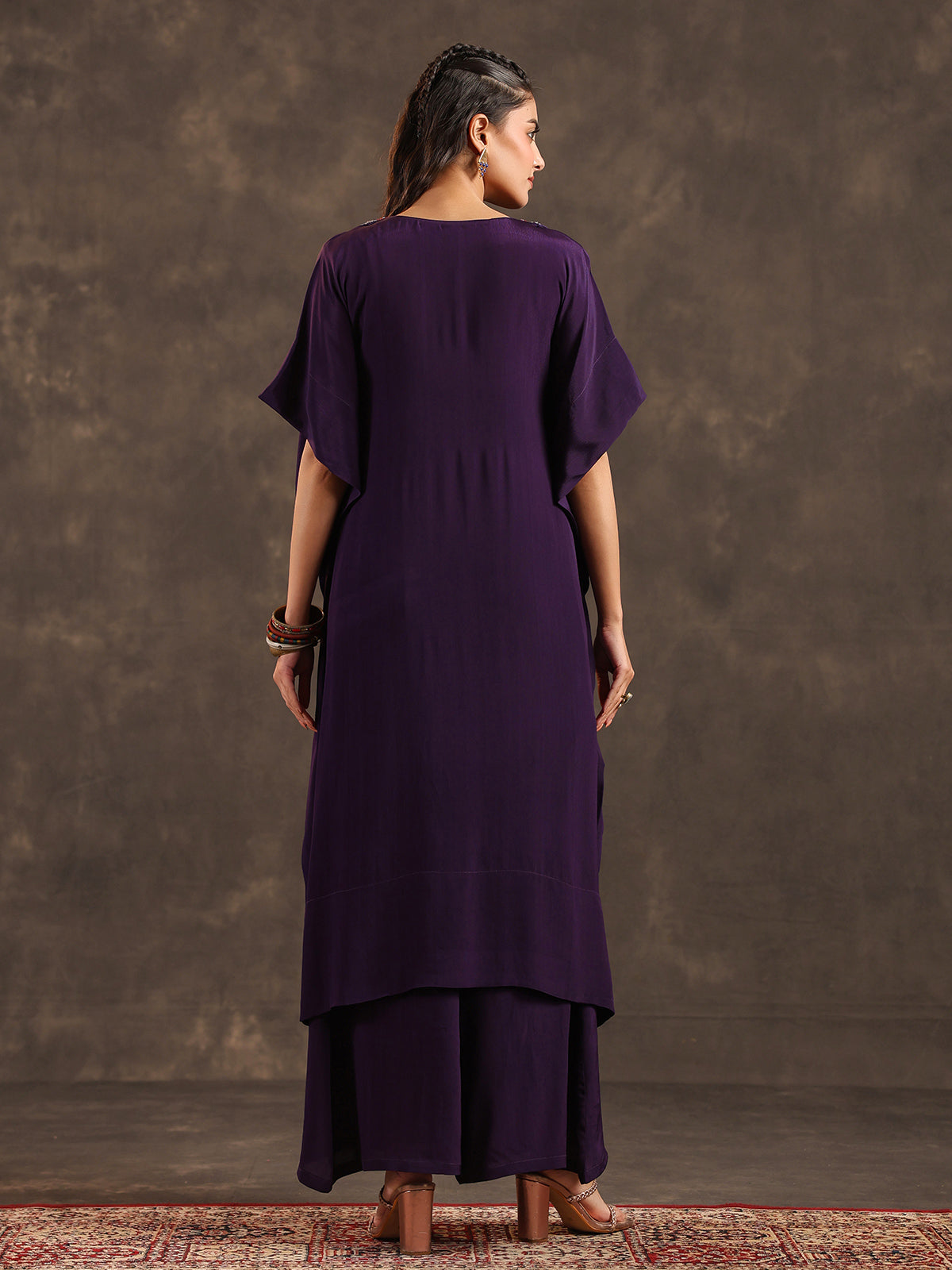 Violet viscose crepe long top palazzo festive suit