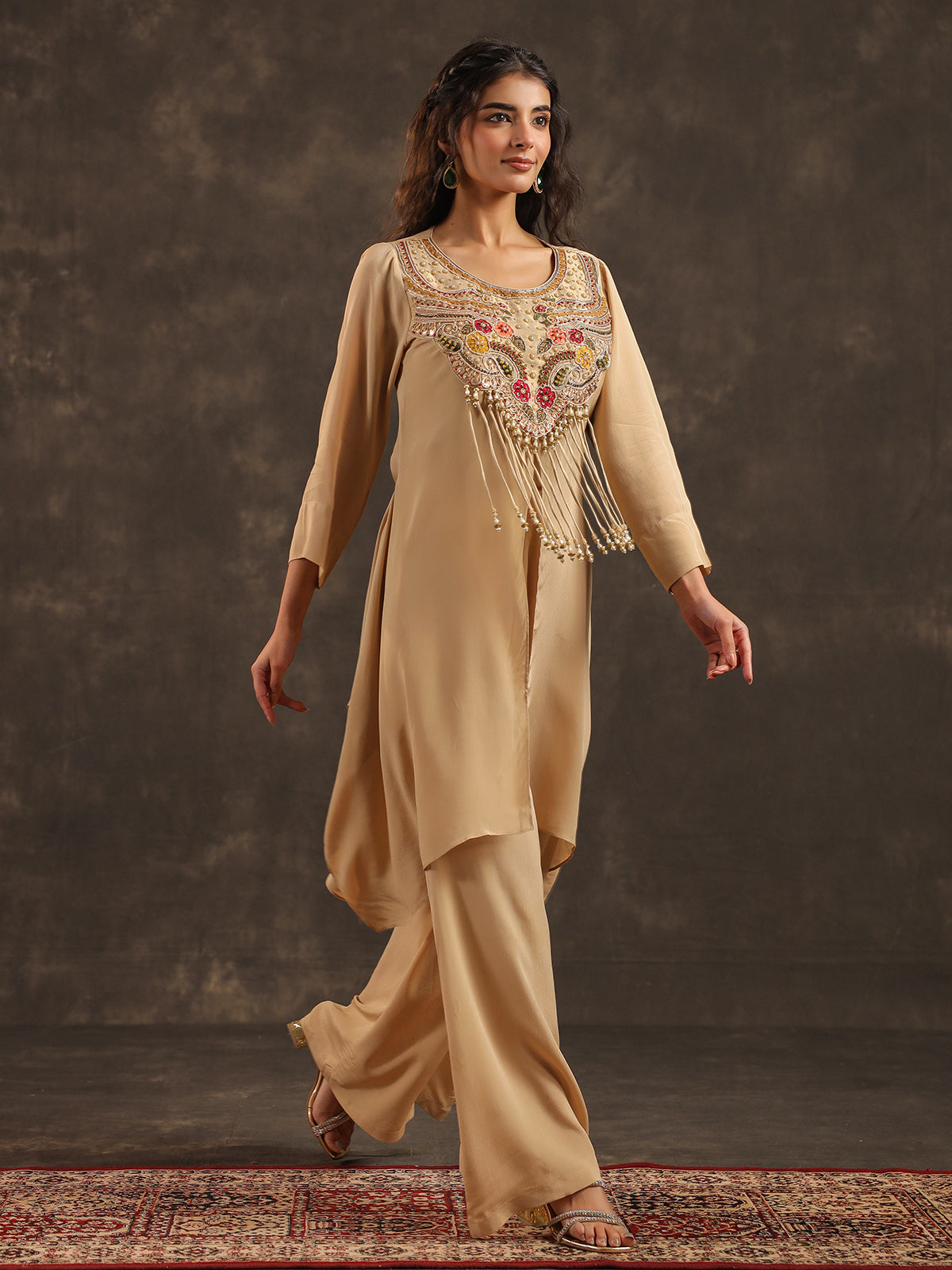 Beige viscose crepe yoke style palazzo suit with embellishments