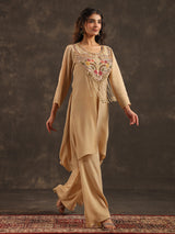 Beige viscose crepe yoke style palazzo suit with embellishments