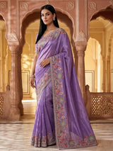 Purple tissue silk saree with elephant embroidery magic