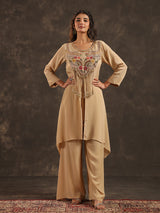 Beige viscose crepe yoke style palazzo suit with embellishments