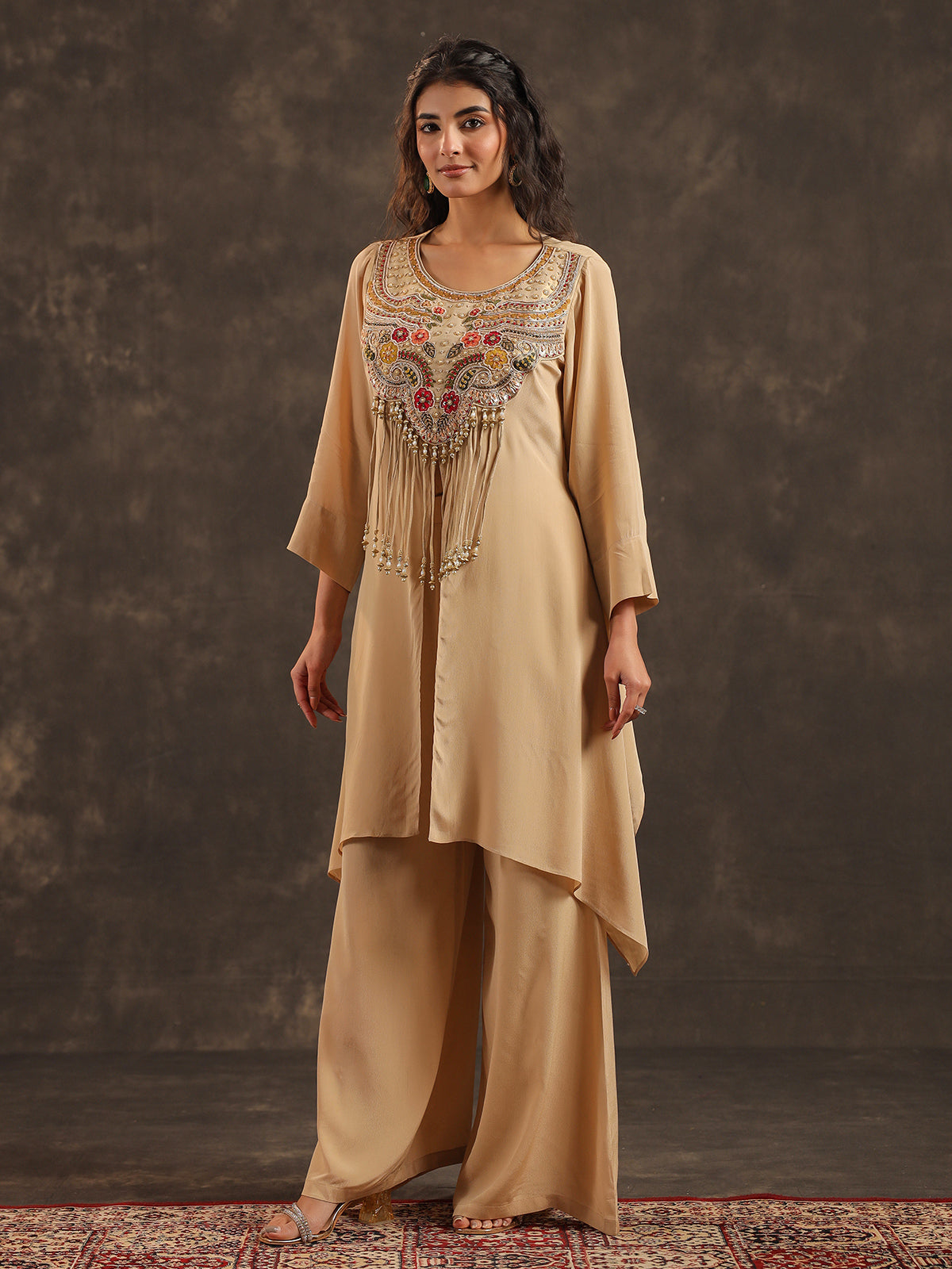 Beige viscose crepe yoke style palazzo suit with embellishments