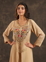Beige viscose crepe yoke style palazzo suit with embellishments