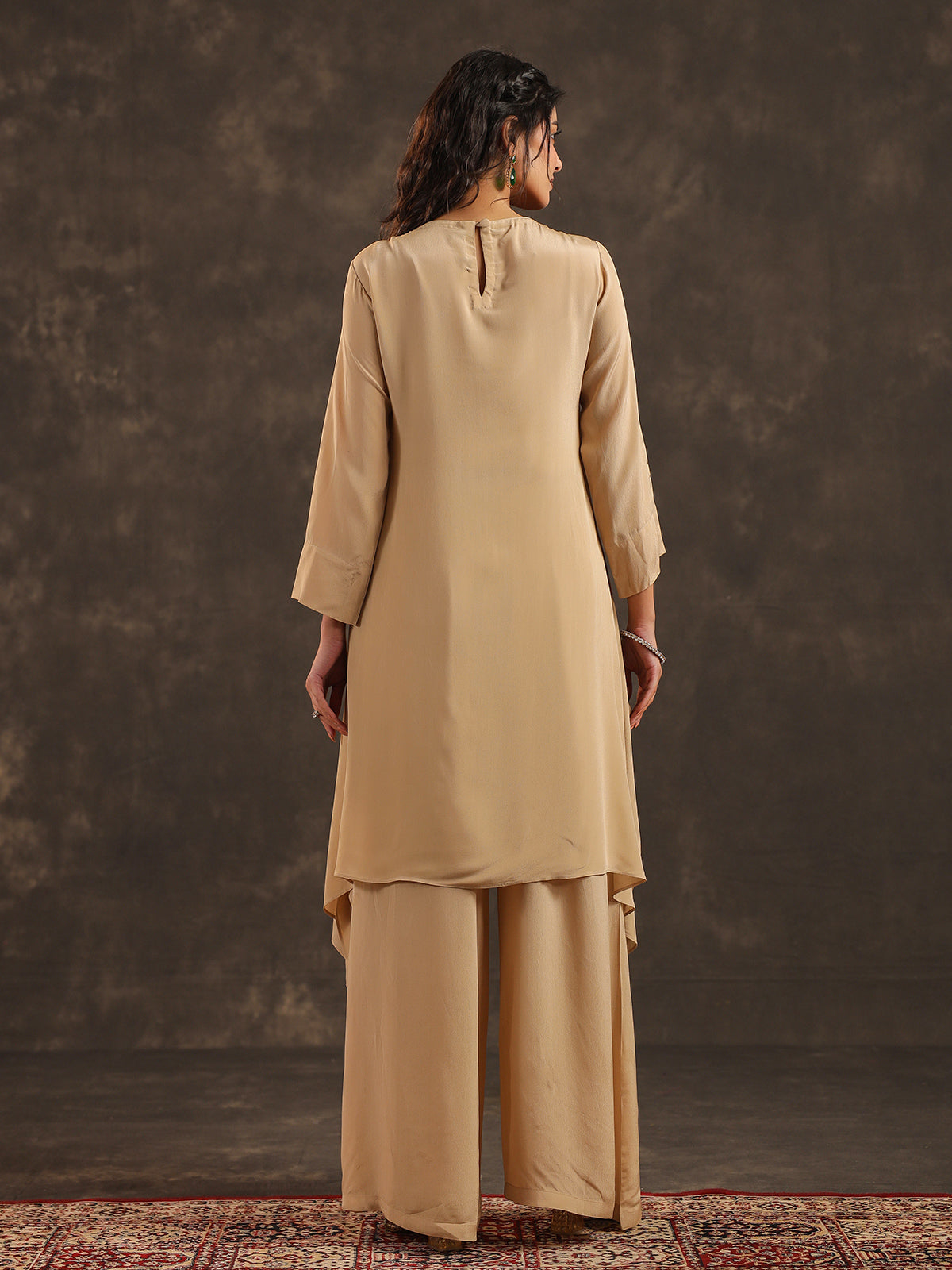Beige viscose crepe yoke style palazzo suit with embellishments