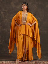 Mustard yellow viscose crepe kaftan suit with pearl embellishments