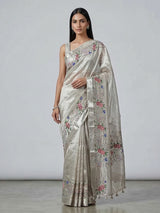 Beige tissue silk saree with thread and zari work