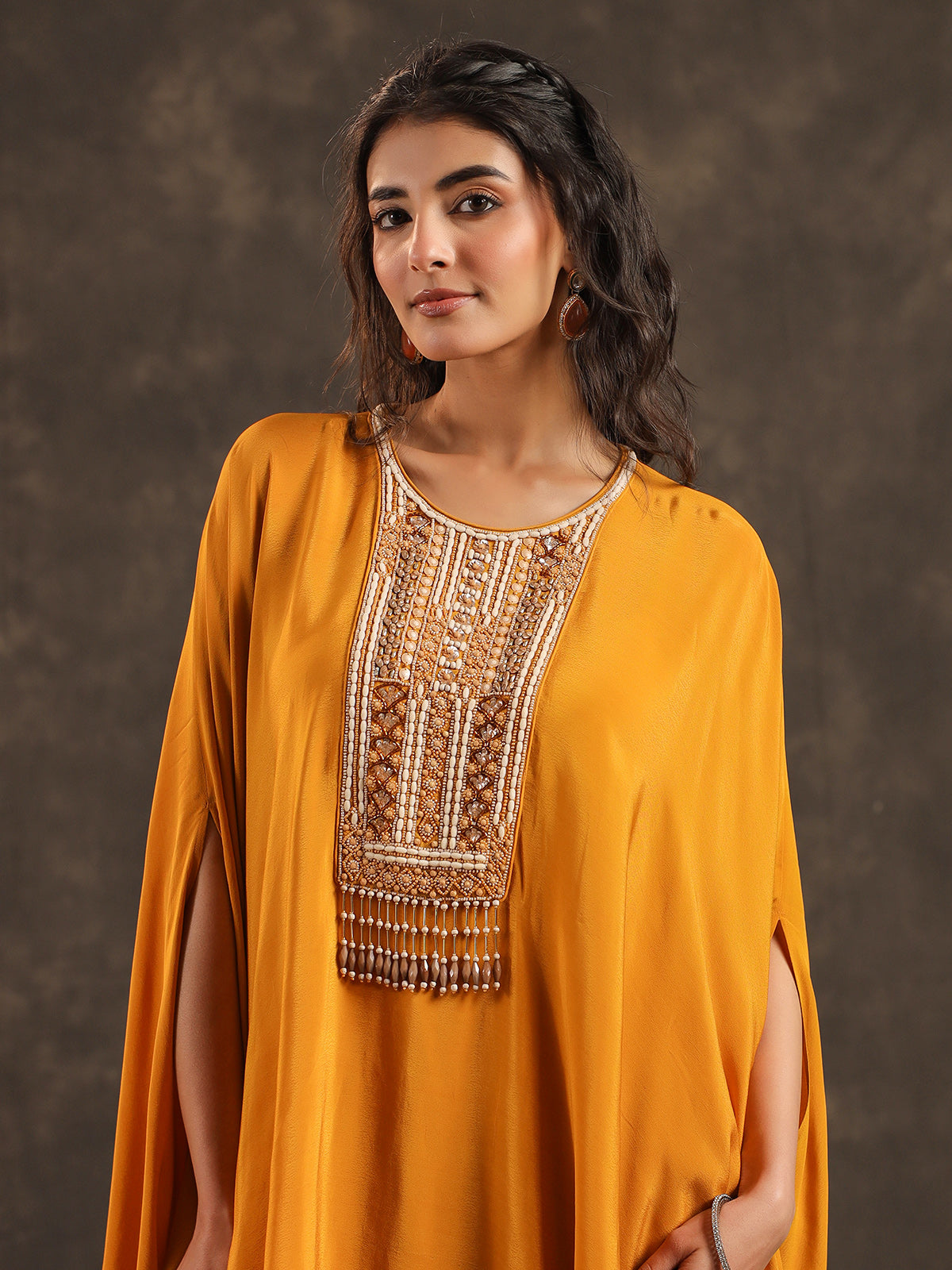 Mustard yellow viscose crepe kaftan suit with pearl embellishments