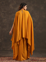 Mustard yellow viscose crepe kaftan suit with pearl embellishments