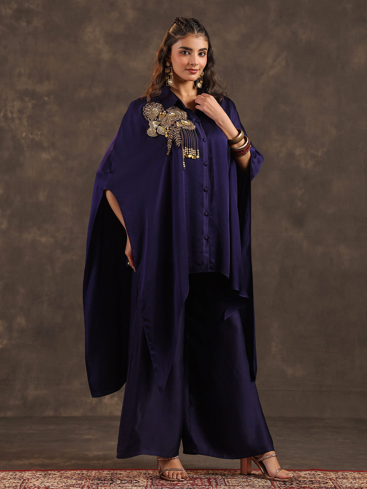 Navy blue modal satin kaftan palazzo suit with coins