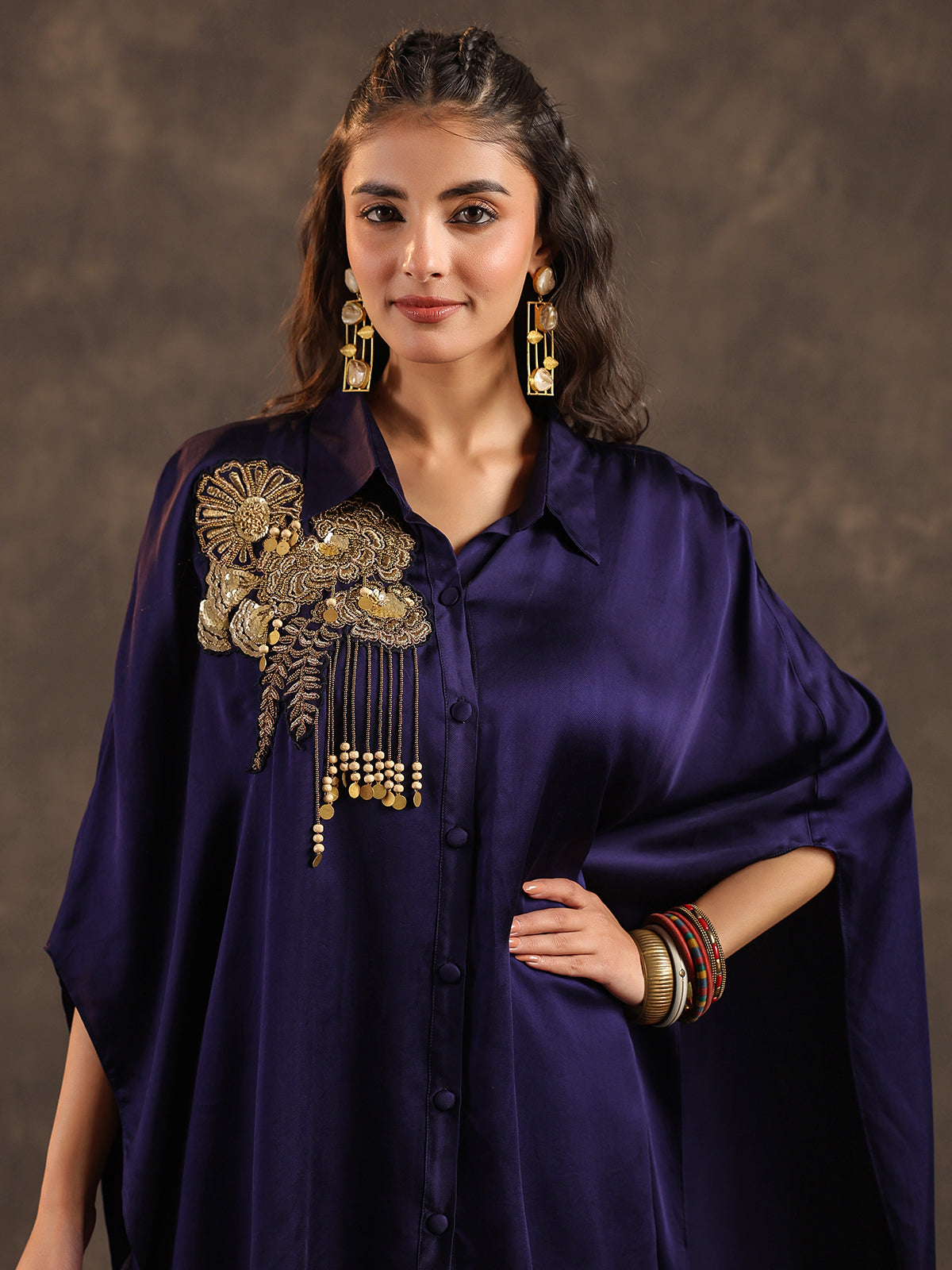 Navy blue modal satin kaftan palazzo suit with coins