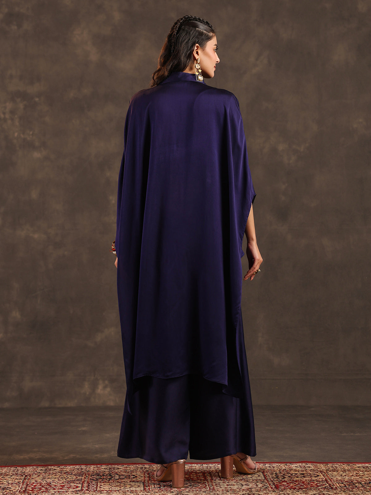 Navy blue modal satin kaftan palazzo suit with coins