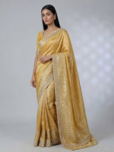 Mustard yellow tissue saree with cutdana work