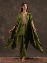Mehendi green viscose crepe kaftan suit with festive embellishments