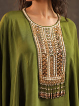 Mehendi green viscose crepe kaftan suit with festive embellishments